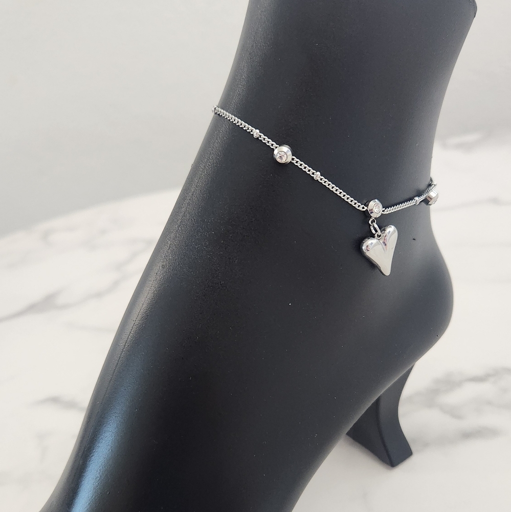 Summer Style Heart Charm Pendant Silver Tone Adjustable Ankle Bracelet - Picture 11 of 14